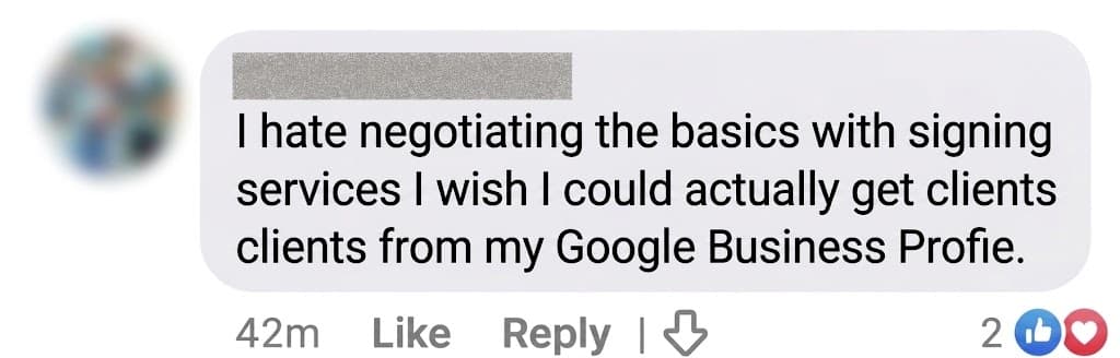 Screenshot of a highlighted comment about notary marketing struggles