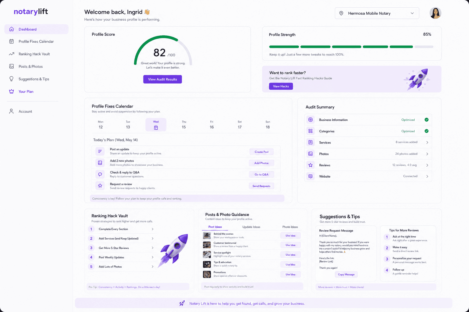 Actual NotaryLift dashboard showing an audit score, personalized fixes, and ranking tasks