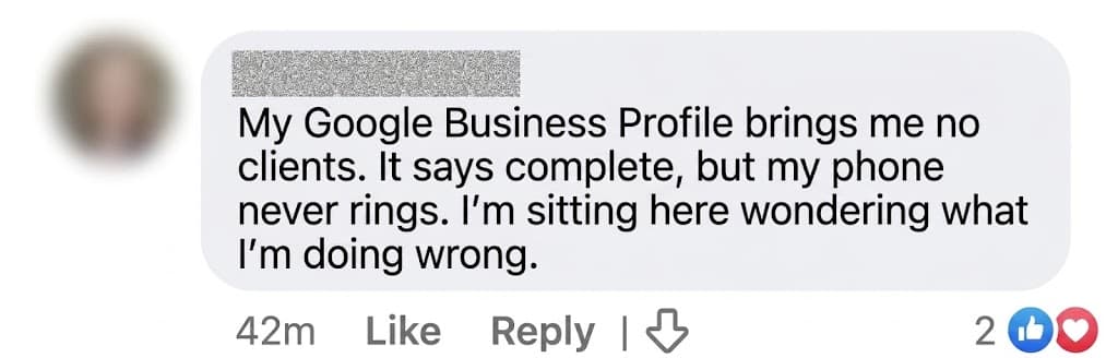 Screenshot of a Facebook comment about Google Business Profile confusion